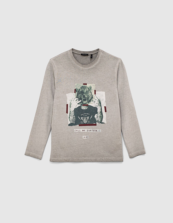 Boys’ mid-grey marl tiger graphic T-shirt - IKKS