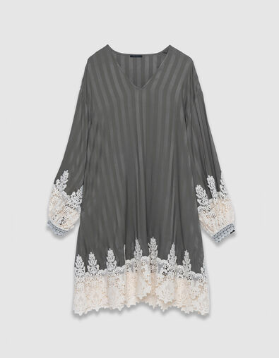 Vestido de rayas caqui holgado con puntilla Mujer - IKKS