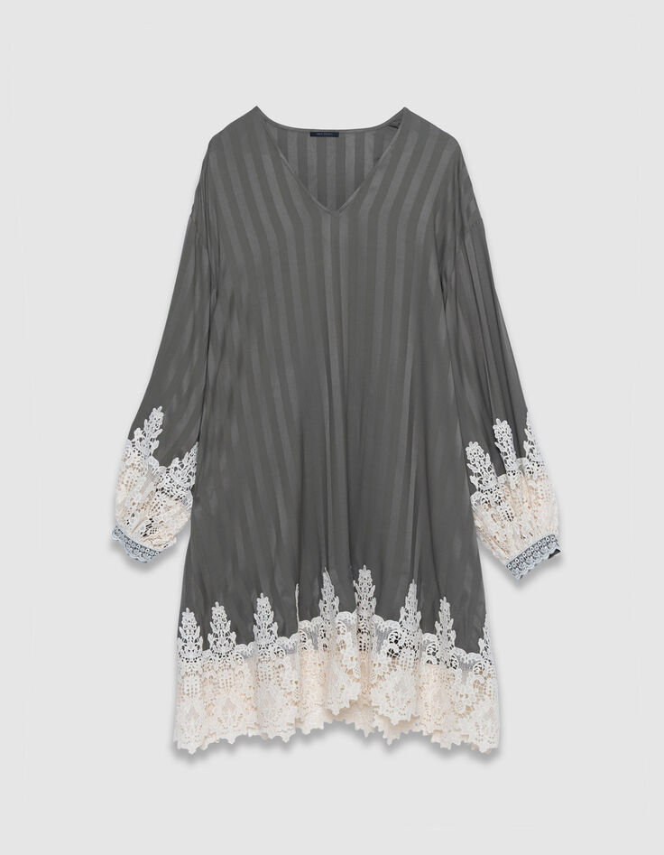 Vestido de rayas caqui holgado con puntilla Mujer-1