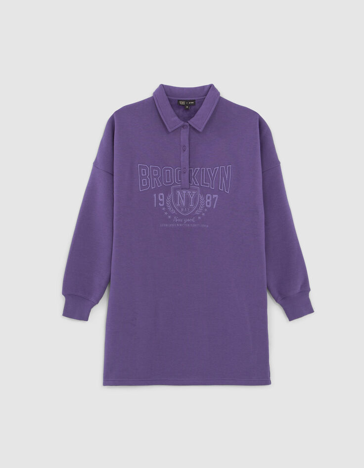 Robe-sweat violet à col polo broderies College fille-1