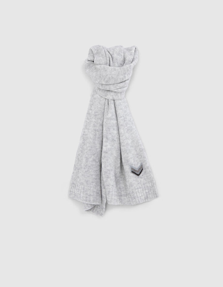 Bufanda de punto gris bordada con galones para mujer-1