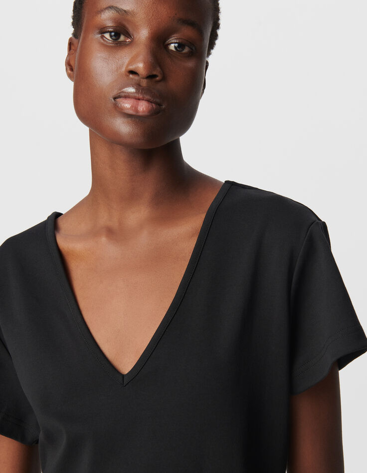 Robe longue noire bi-matière plissée Femme-4