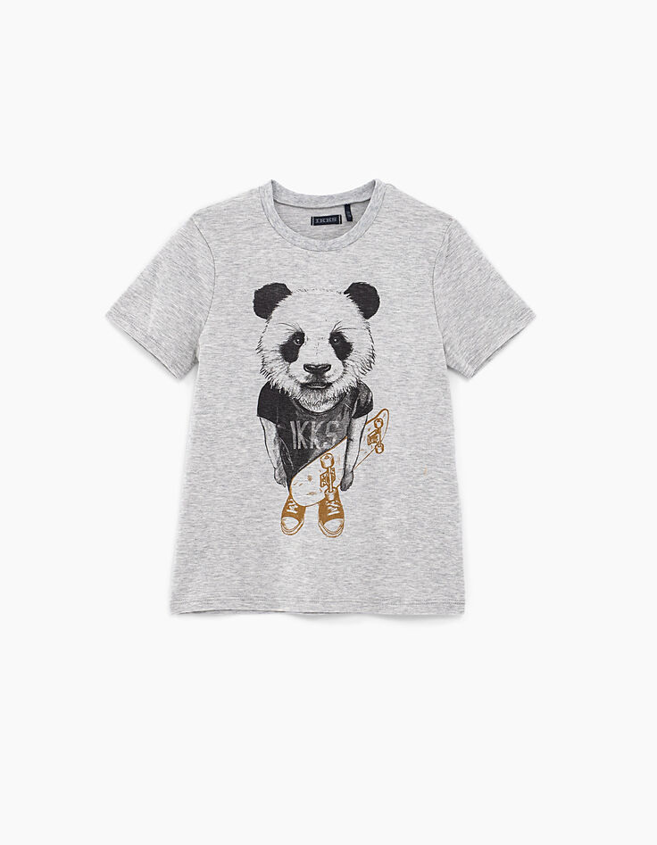 Tee-shirt gris chiné moyen visuel panda-skateur garçon -3