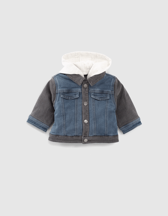 Blouson en jean réversible bleu et carreaux