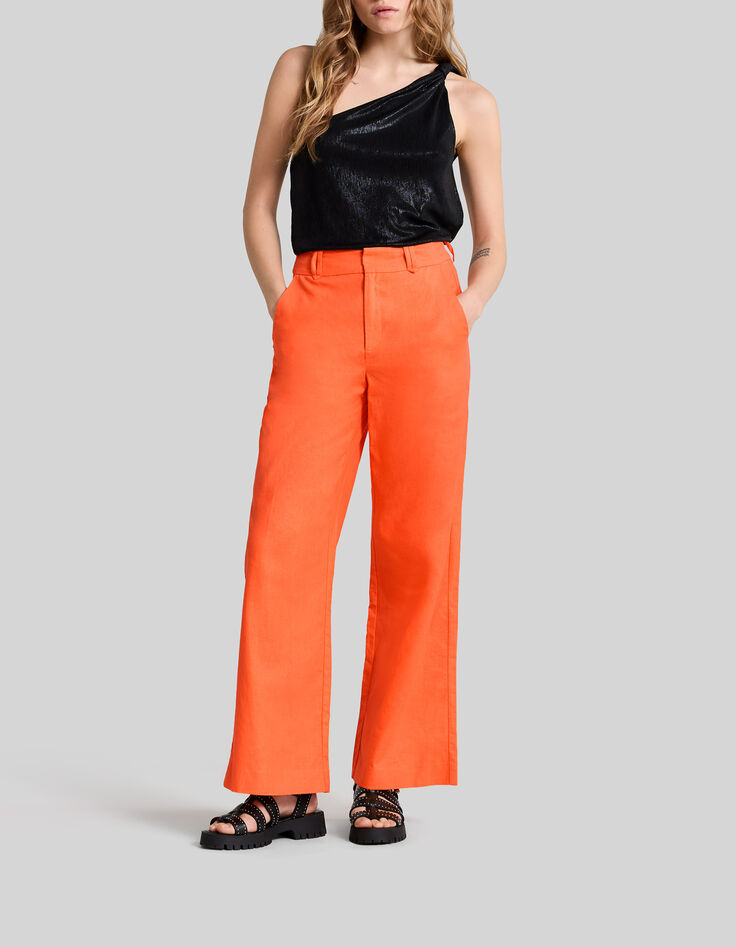 Pantal&oacute;n de traje naranja algod&oacute;n lino mujer-1