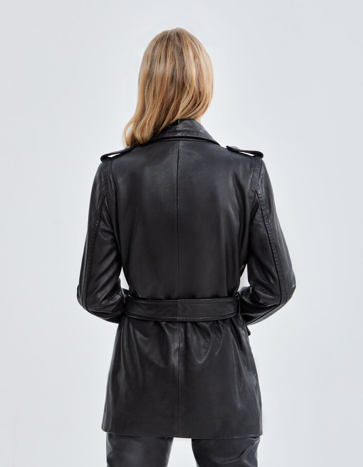 Pure Edition-Women’s black leather long belted jacket - IKKS