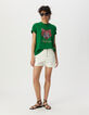 Green crew neck T-shirt with cat and lightning-1