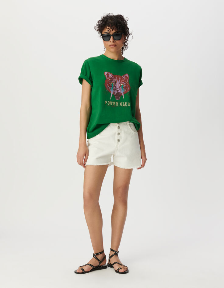 Green crew neck T-shirt with cat and lightning-1