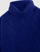 Pull bleu col roulé tricot à torsades fille-2