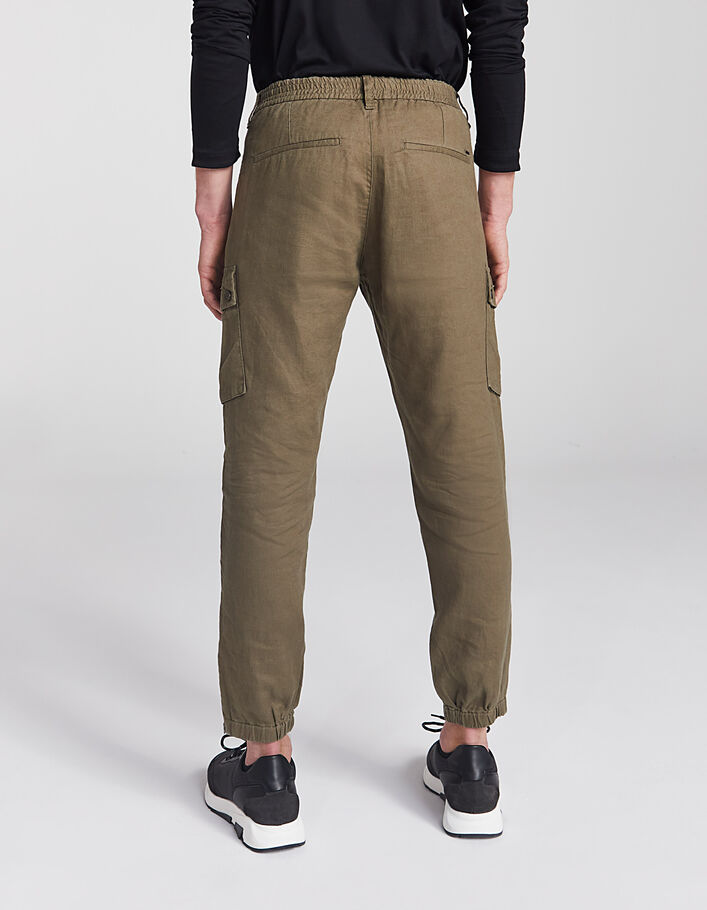 Men’s khaki linen elasticated cuff CROPPED combat trousers