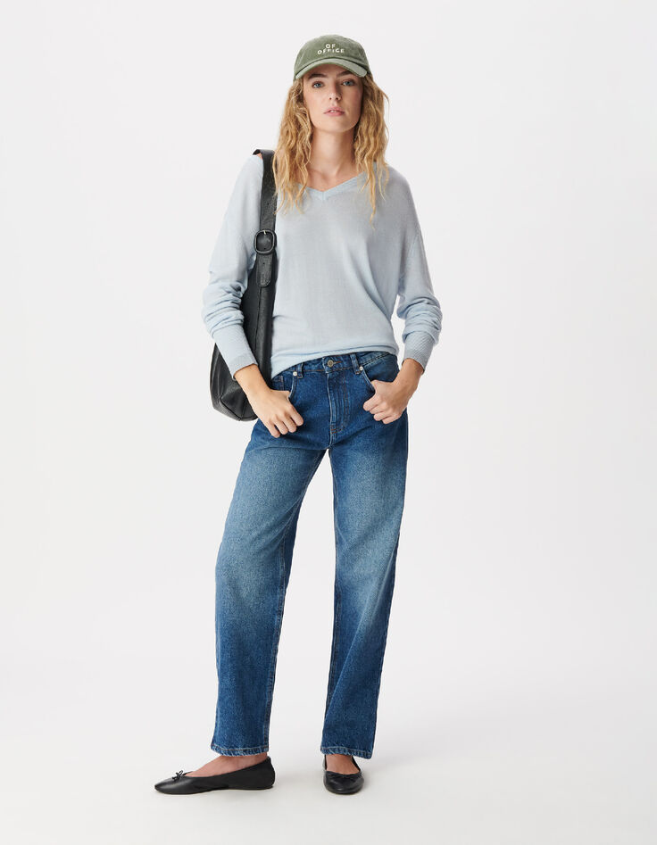 Pull encolure V bleu ciel 100% laine Femme-2