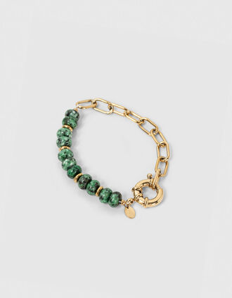 Green yellow bead & cable link chain bracelet