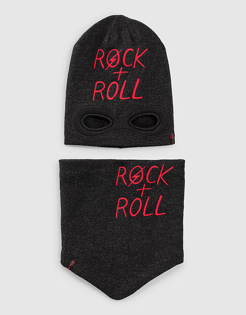 Boys’ grey marl embroidered knit snood and mask-beanie