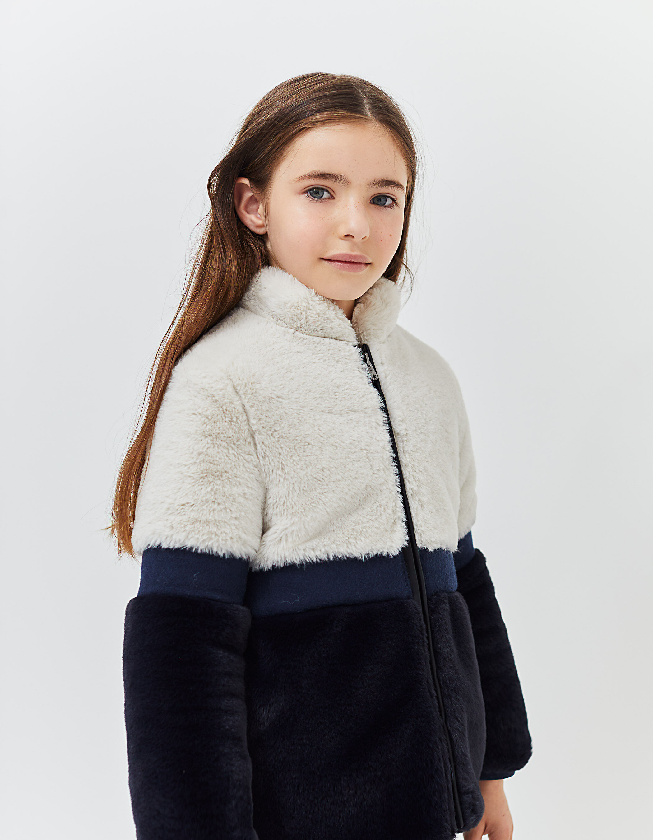 Girls dark navy colour block faux fur coat
