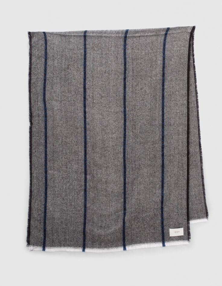 Men&rsquo;s grey scarf with indigo stripe & chevron motif-2