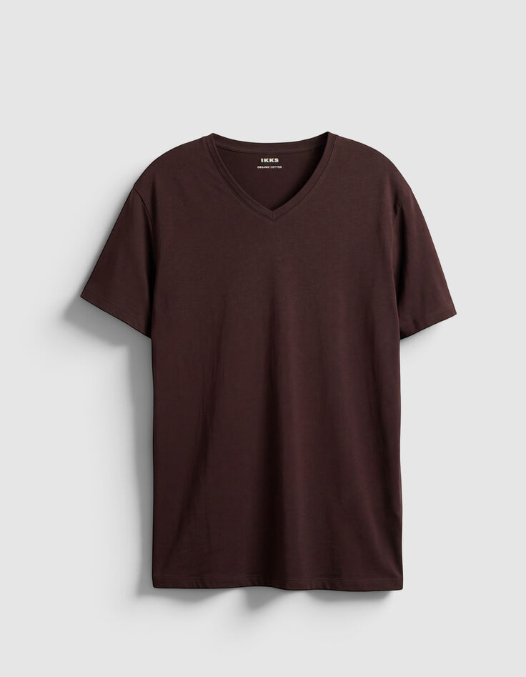 Camiseta marr&oacute;n cuello pico slub para hombre-1