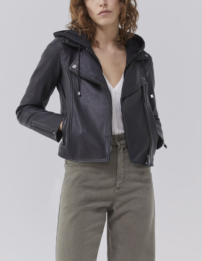 Women’s black leather jacket, studded back, facing - IKKS