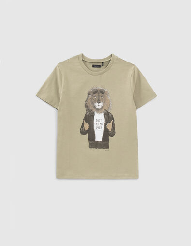 Kaki T-shirt opdruk leeuw met jack jongens - IKKS
