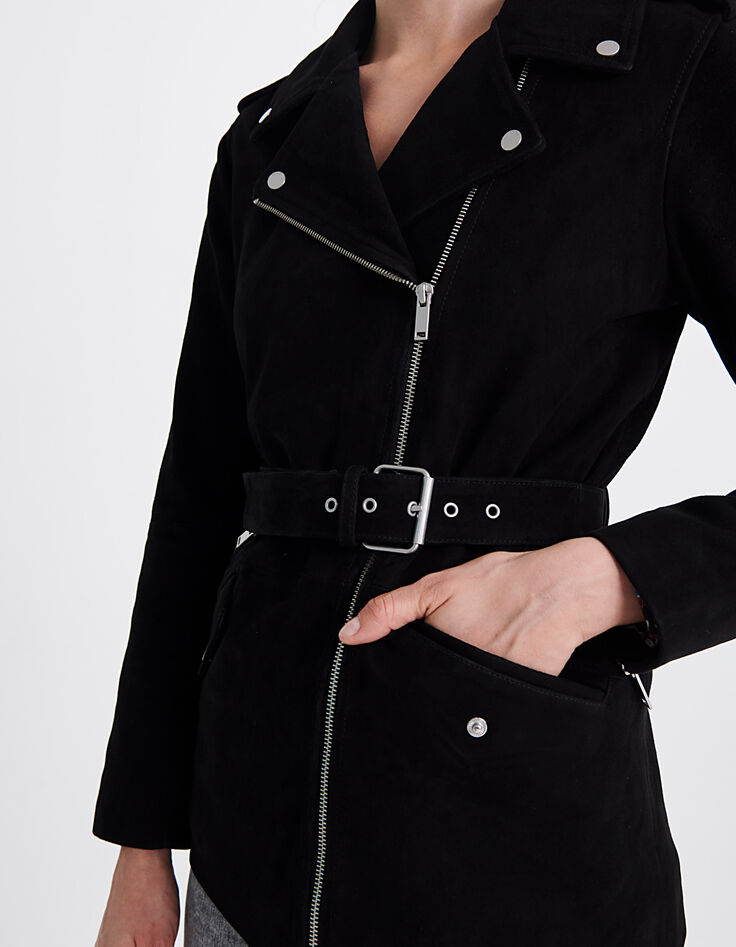 Blouson oversize long noir chèvre velours femme-4