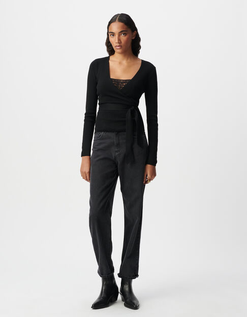 Women's black belted wrap-around sweater - IKKS