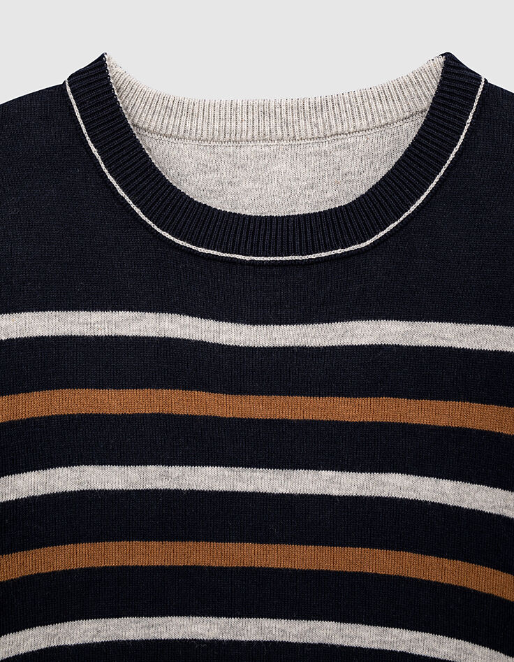 Omkeerbare trui navy en grijs, cognac strepen -5
