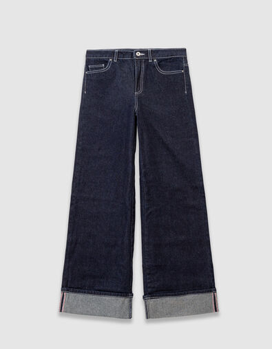 Girls&rsquo; navy wide-leg jeans with fixed turn-ups - IKKS