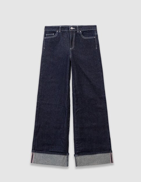 Girls&rsquo; navy wide-leg jeans with fixed turn-ups - IKKS