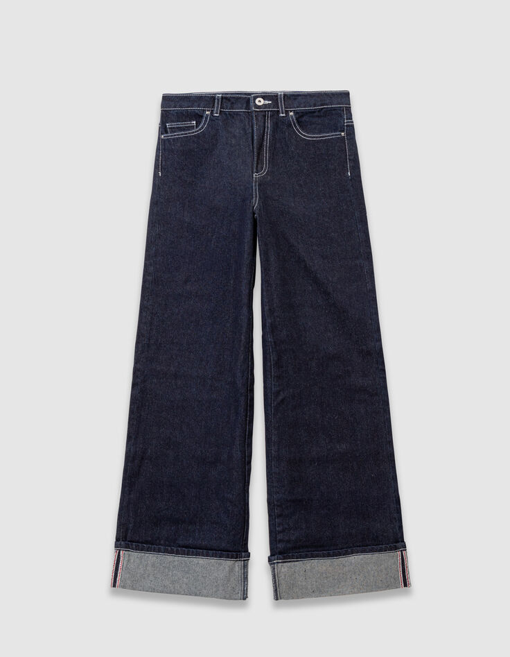 Marineblaue weite Mädchenjeans mit festem Revers-3