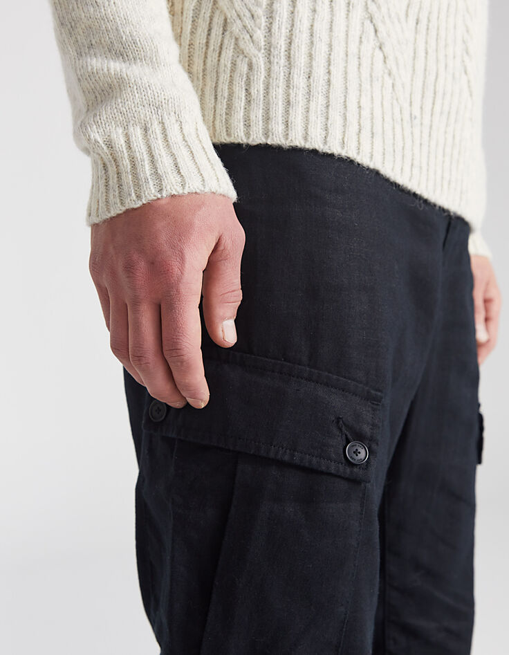 Pantalón battle CROPPED negro de lino y bajos elásticos Hombre-5
