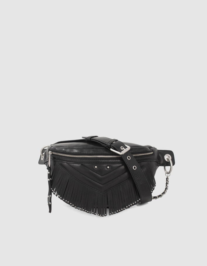 Women’s black leather fringed 1440 Belt Pocket bag - IKKS