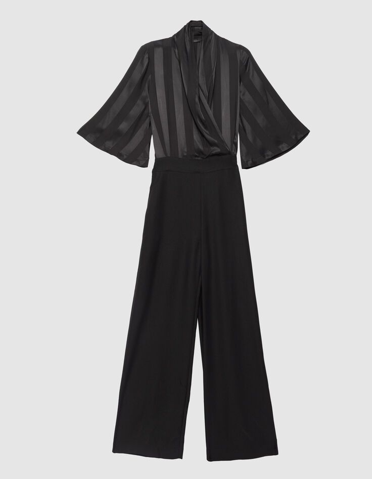 Women’s black mixed-fabric jumpsuit with flowing top-6