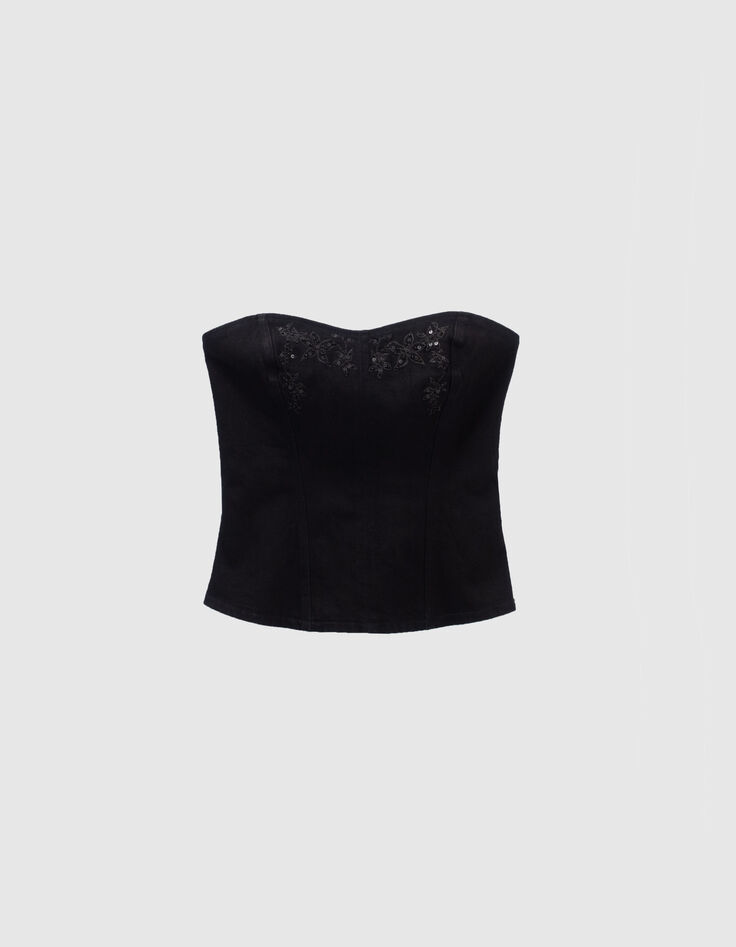 Schwarzer Damenbustier aus Jeansstoff mit Blumenstickerei-7