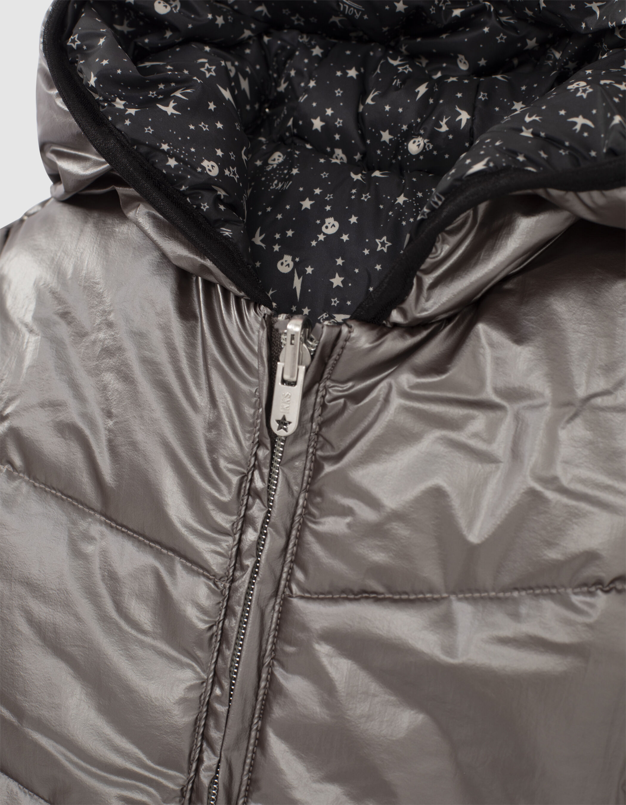 Girls black rock print silver reversible padded jacket