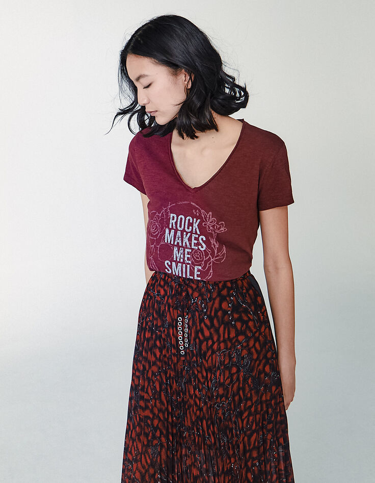 Tee-shirt grenat en coton flammé message pailleté femme-2