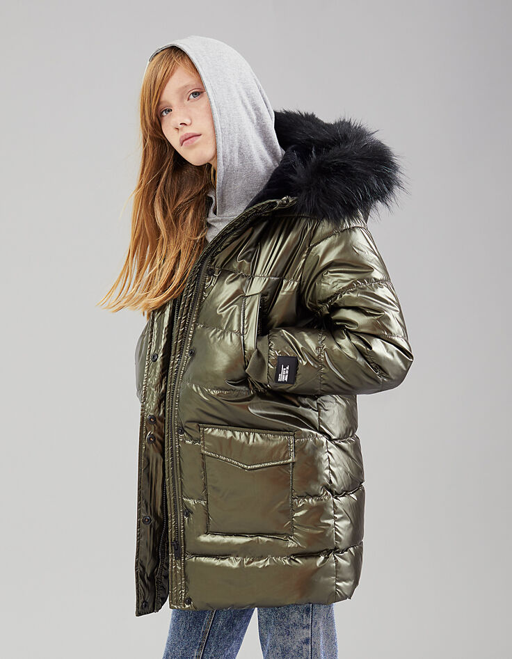 Girls’ khaki metallic-look long padded jacket-1
