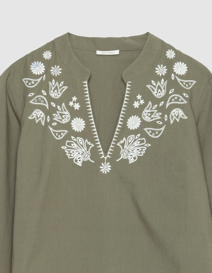 Mujer blusa con peto de algod&oacute;n org&aacute;nico caqui bordado-8