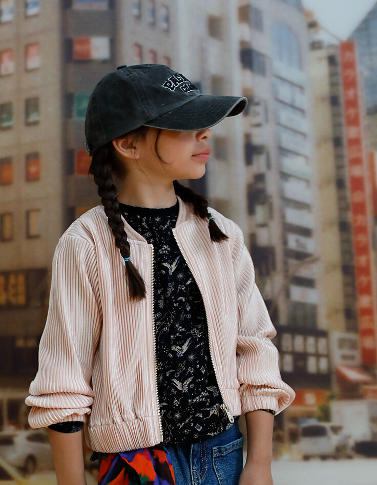 Cardigan rose poudré forme bomber en velours plissé fille-1
