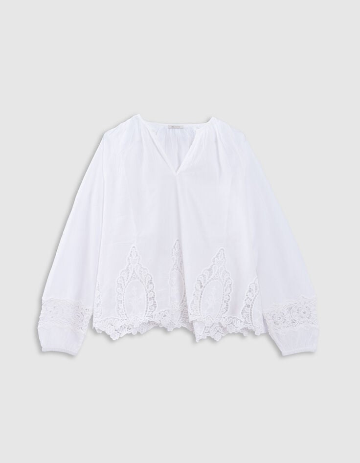 Locker sitzende wei&szlig;e Bluse mit Spitzenstickerei Damen-6