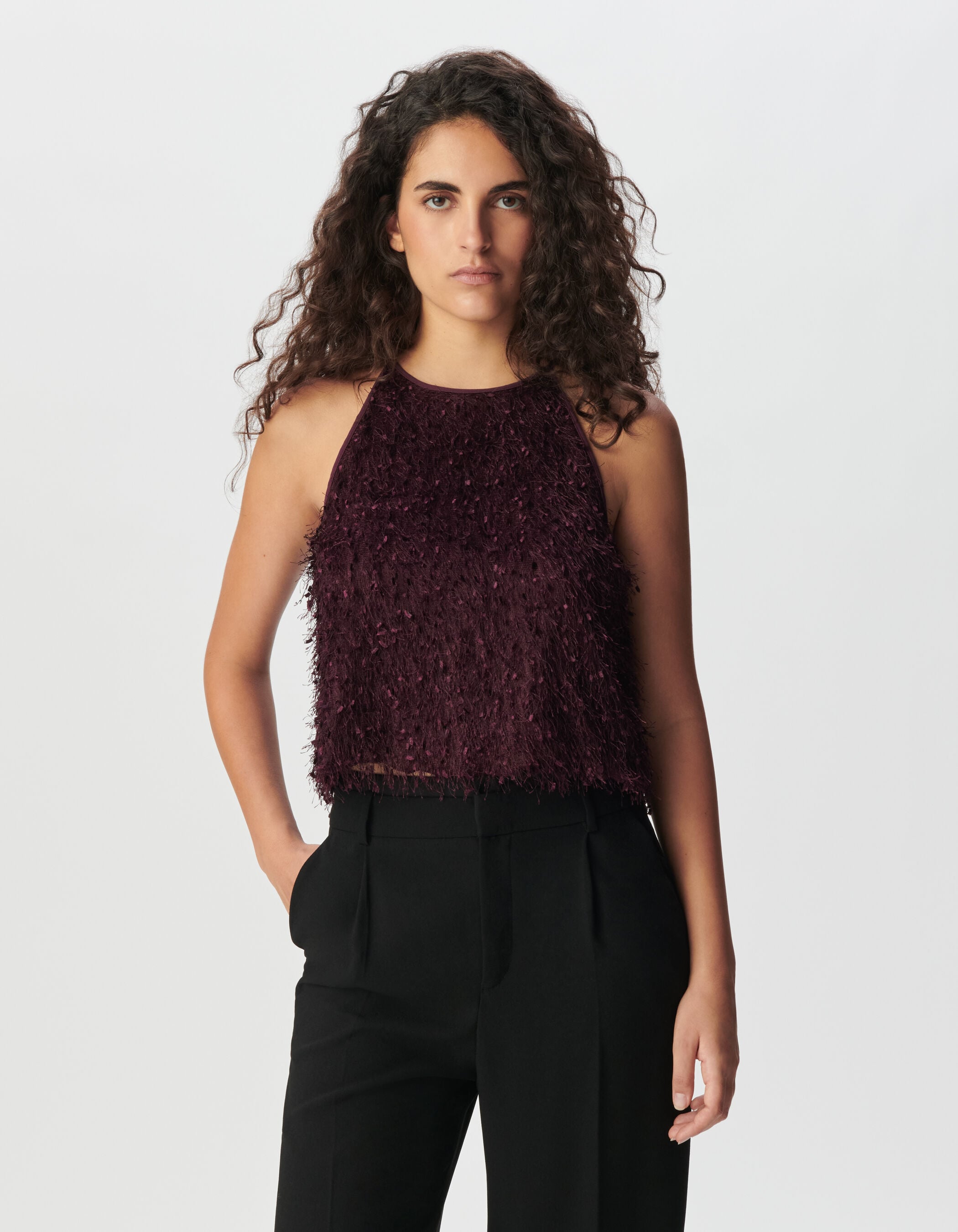 Women's burgundy feather-effect sleeveless cropped top IKKS