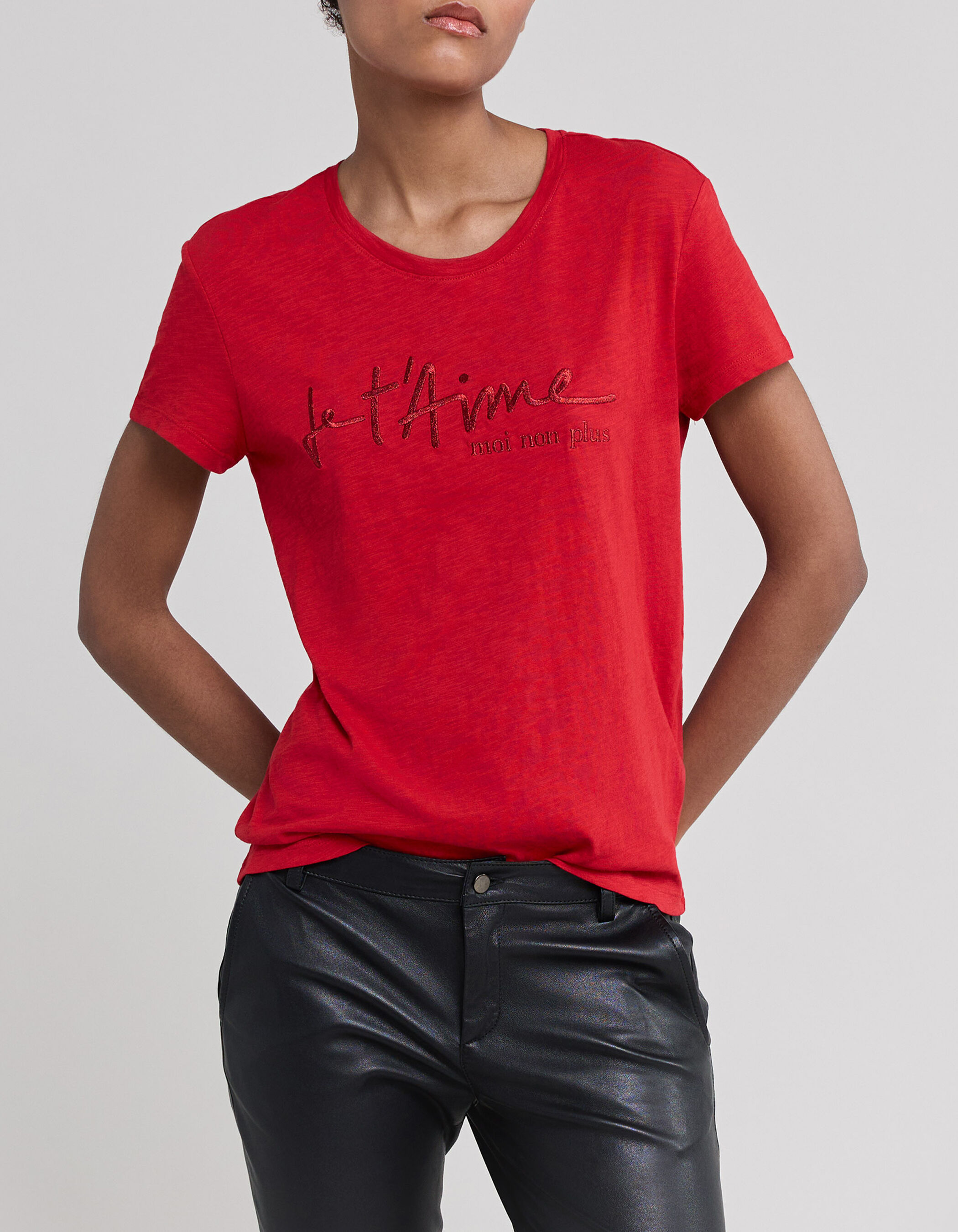 Tee shirt rouge coton bio message brod Femme
