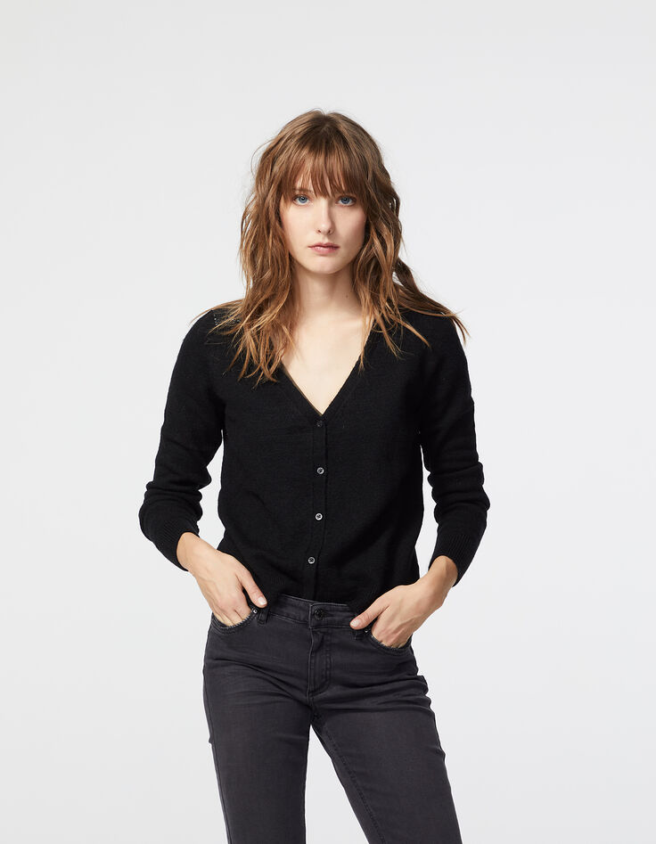 Cardigan noir maille mousseuse facettes bijoux femme-2