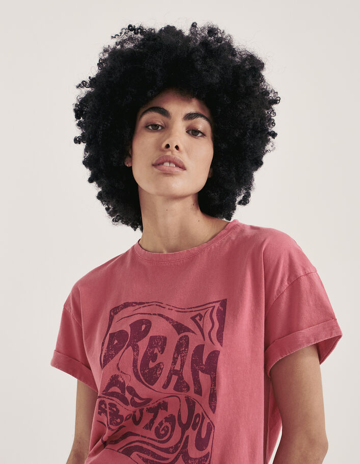 Roze T-shirt ronde hals biokatoen tekstopdruk dames - IKKS