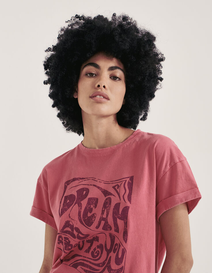 Tee-shirt col rond coton bio rose visuel message femme-5 Tee-shirt col rond coton bio rose visuel message femme-5