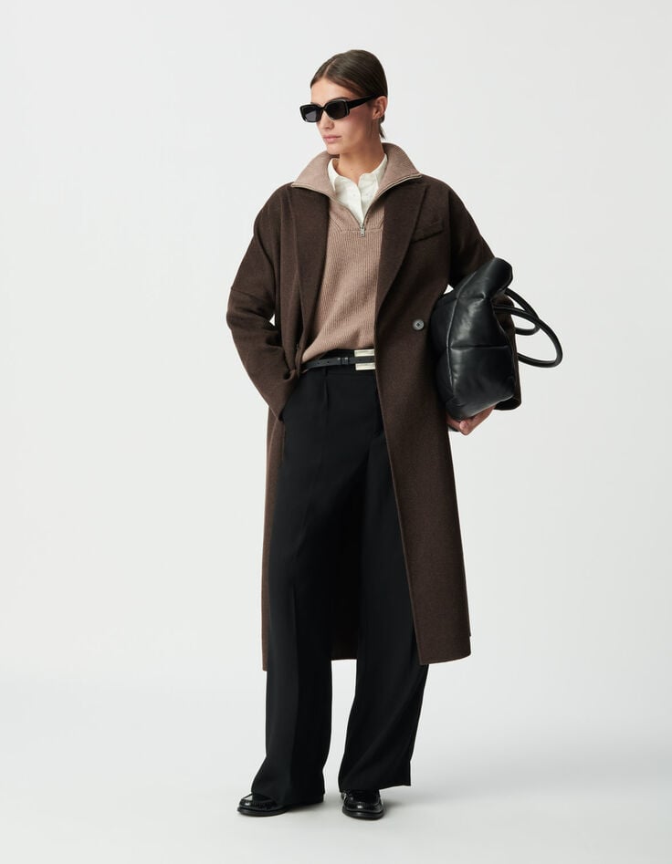 Women’s brown supple double-breasted long coat-1 Women’s brown supple double-breasted long coat-1