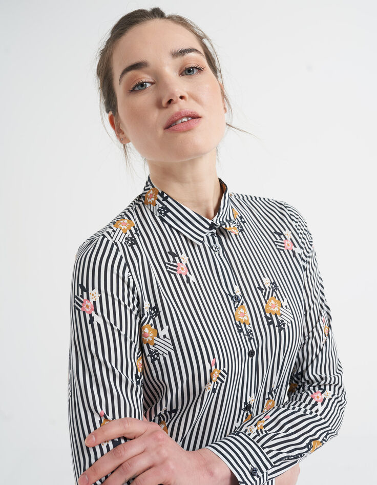 Schwarzes Hemd mit Blumen-Streifen-Print I.Code-4