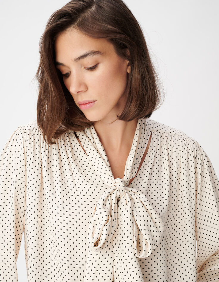 Blouse &eacute;crue satin&eacute;e motif pois col lavalli&egrave;re Femme-6