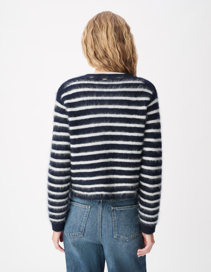 Cardigan manches longues marine rayures 100% laine Femme-4
