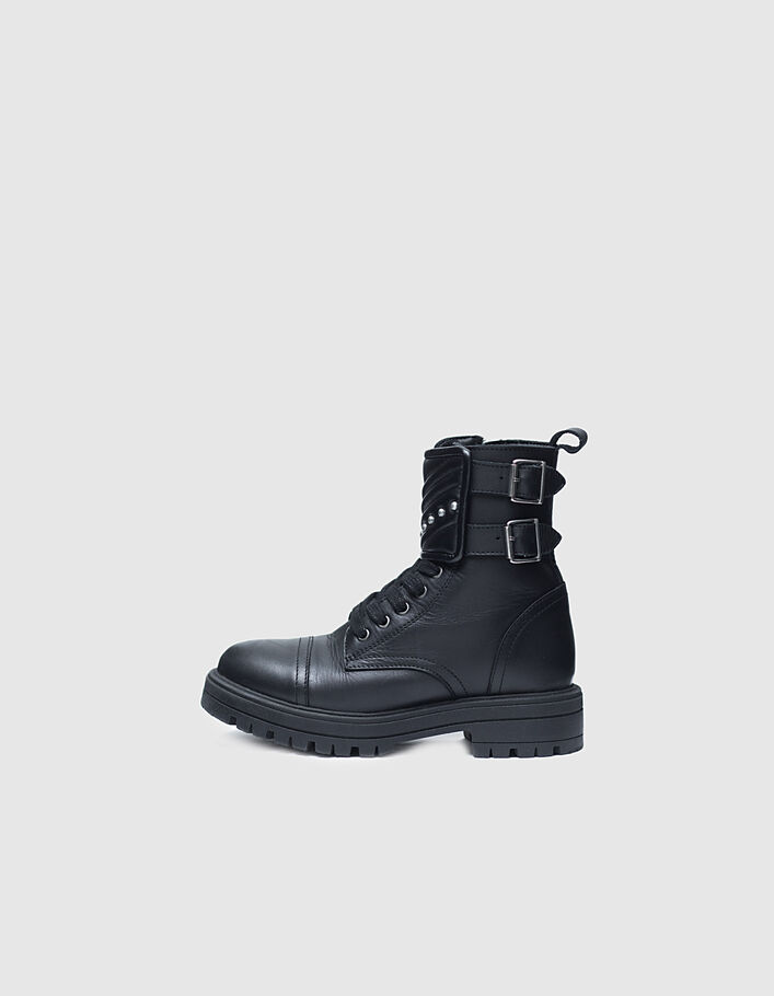 Girls’ black Leather story studded leather combat boots - IKKS