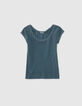 Blaues Damen-T-Shirt, Rippenstrick, Spitzenrand-1
