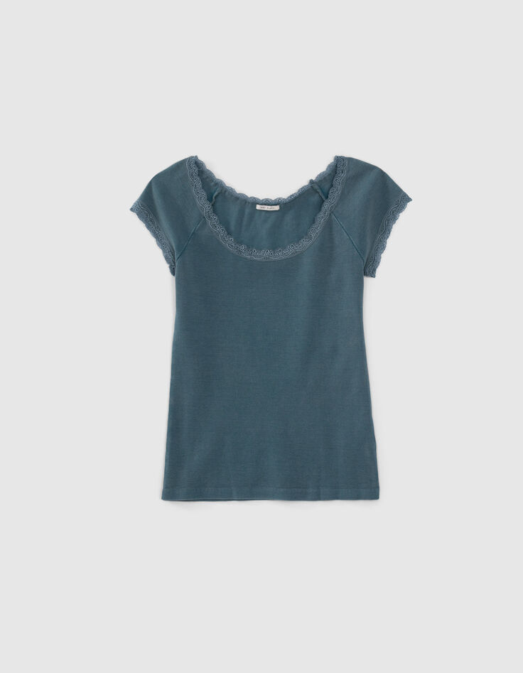 Blaues Damen-T-Shirt, Rippenstrick, Spitzenrand-1